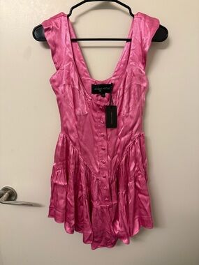 Vanessa Mooney Hot Pink Satin Button-Front Mini Dress